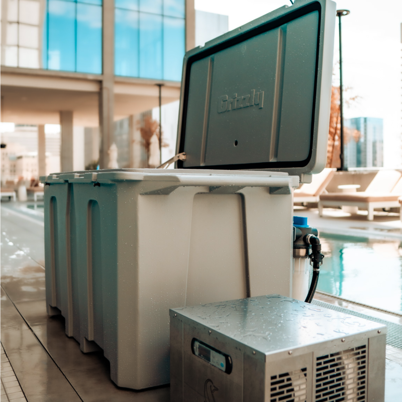 A photograph of a tan 3/4 horsepower cold plunge tub from Desert Plunge.