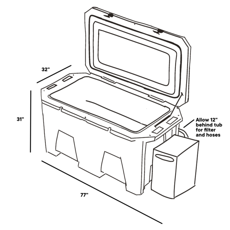 A sketch of the footprint and dimensions of the Exclusive Desert Plunge grizzly cold plunge tub